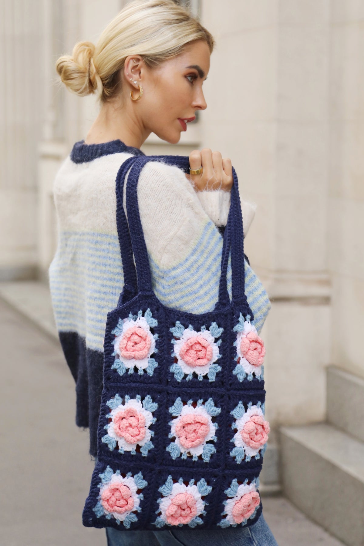 Hand Knit Rose Granny Square Tote Bag in Navy &amp; Pink