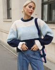 Colour Block Striped Fluffy Knit Jumper in Navy & Blue