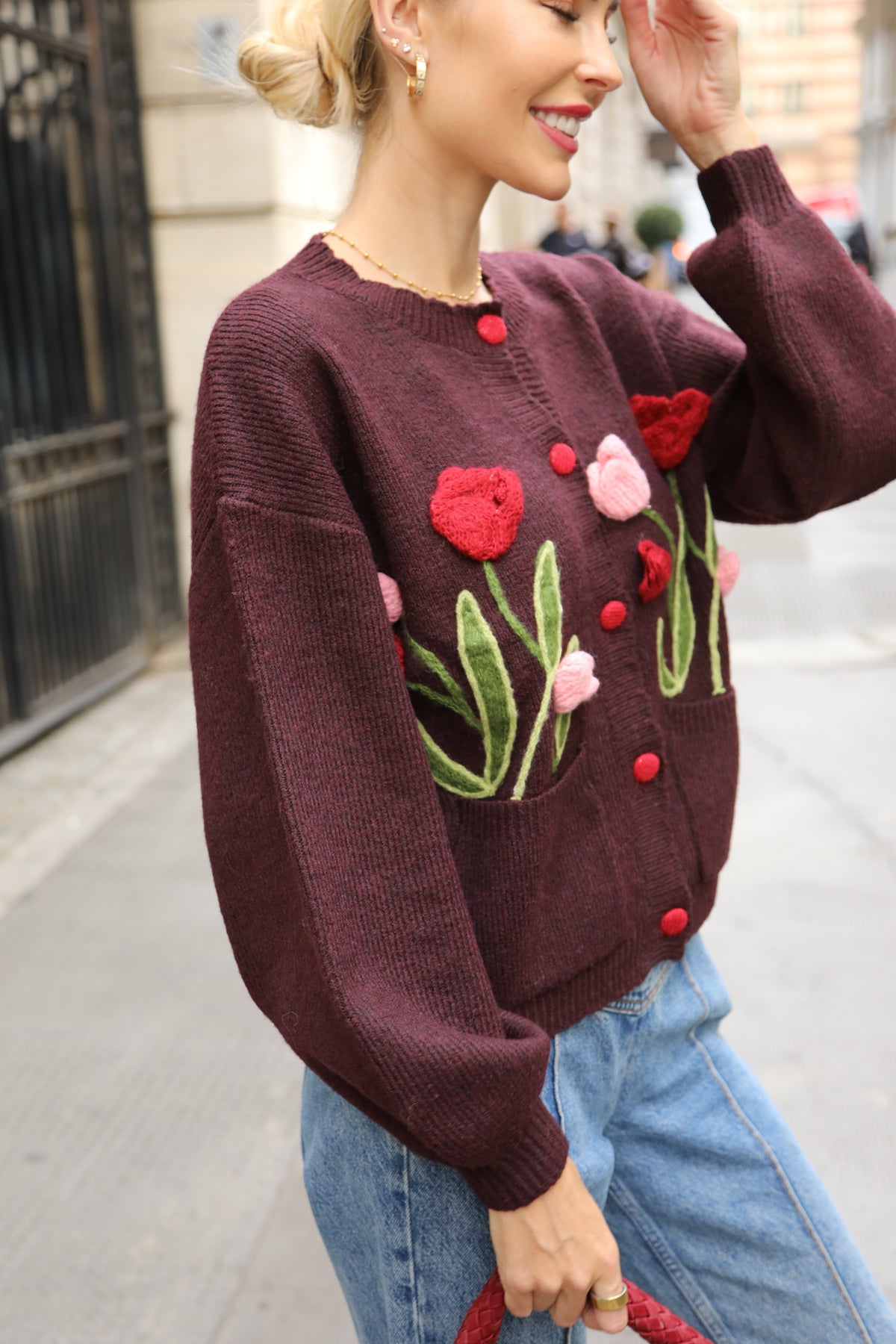 Hand-Knit Tulip Floral Patch Cardigan in Burgundy