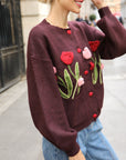Hand-Knit Tulip Floral Patch Cardigan in Burgundy