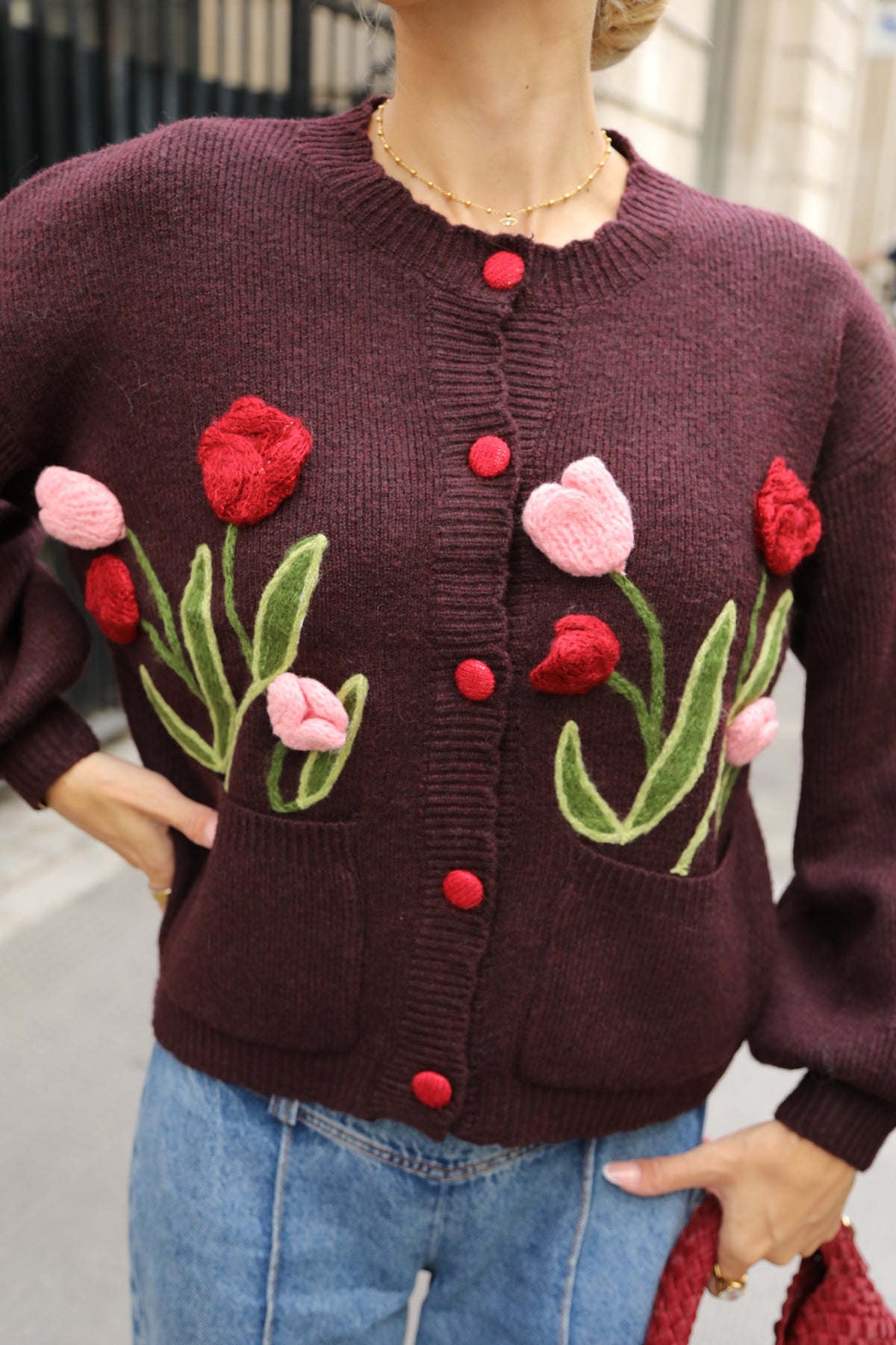 Hand-Knit Tulip Floral Patch Cardigan in Burgundy