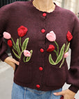 Hand-Knit Tulip Floral Patch Cardigan in Burgundy