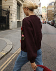 Hand-Knit Tulip Floral Patch Cardigan in Burgundy