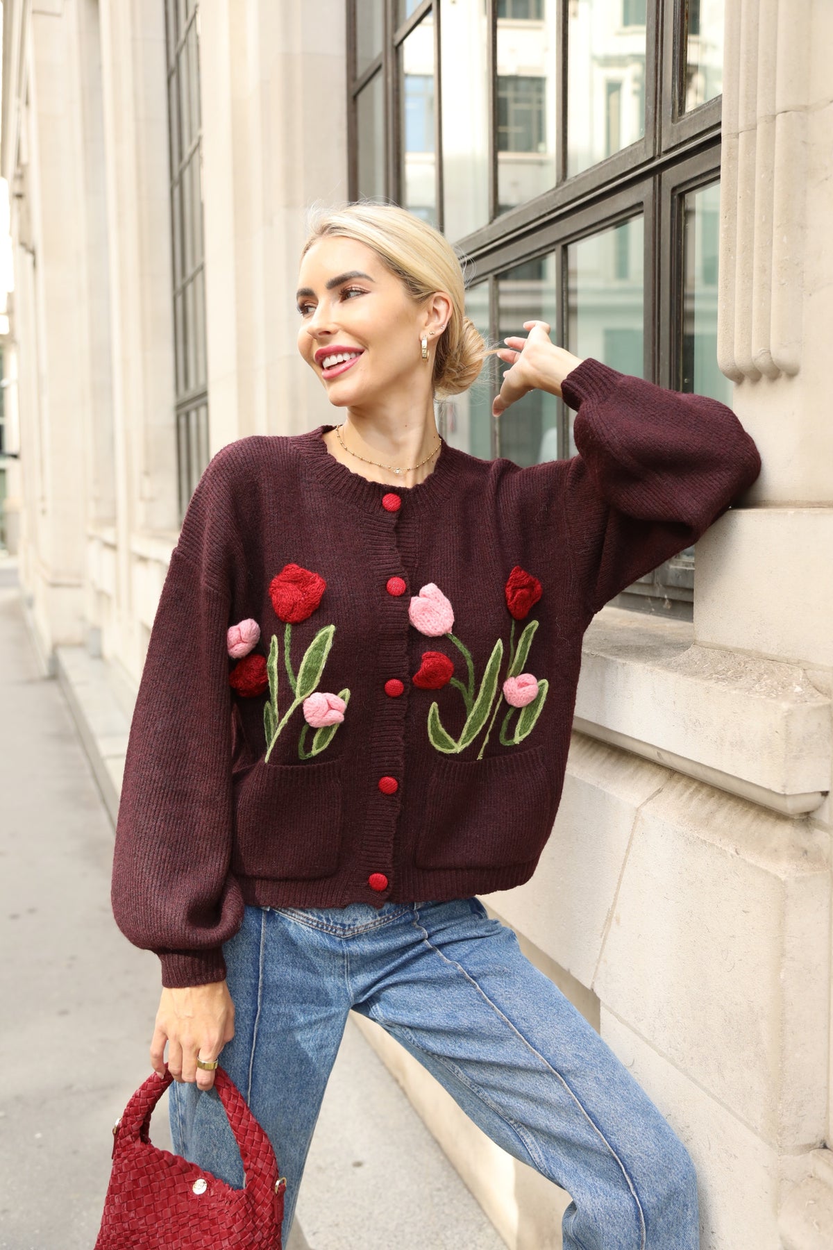 Hand-Knit Tulip Floral Patch Cardigan in Burgundy