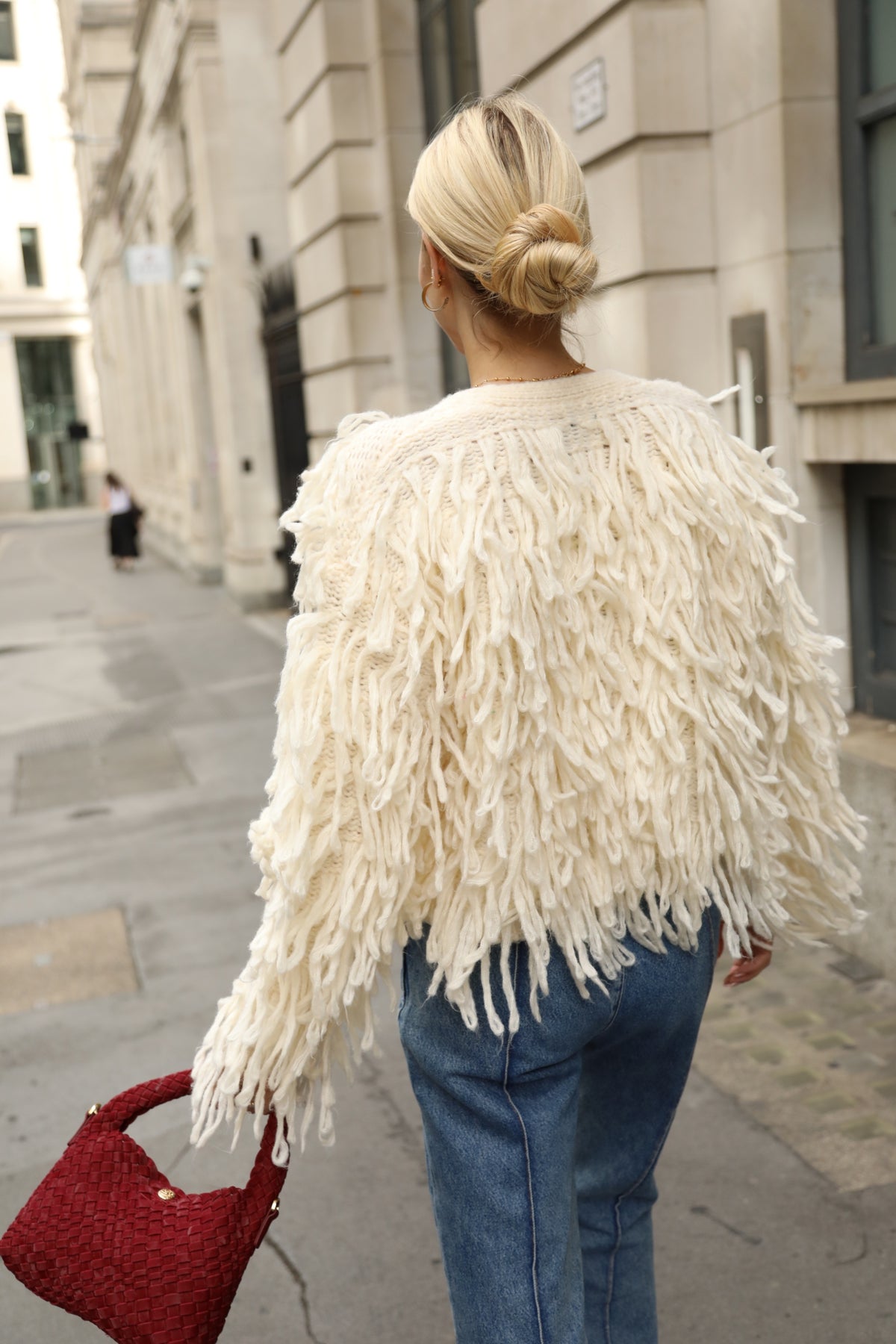 Statement Shaggy Fringe Hand-Knit Cardigan in Cream