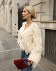 Statement Shaggy Fringe Hand-Knit Cardigan in Cream
