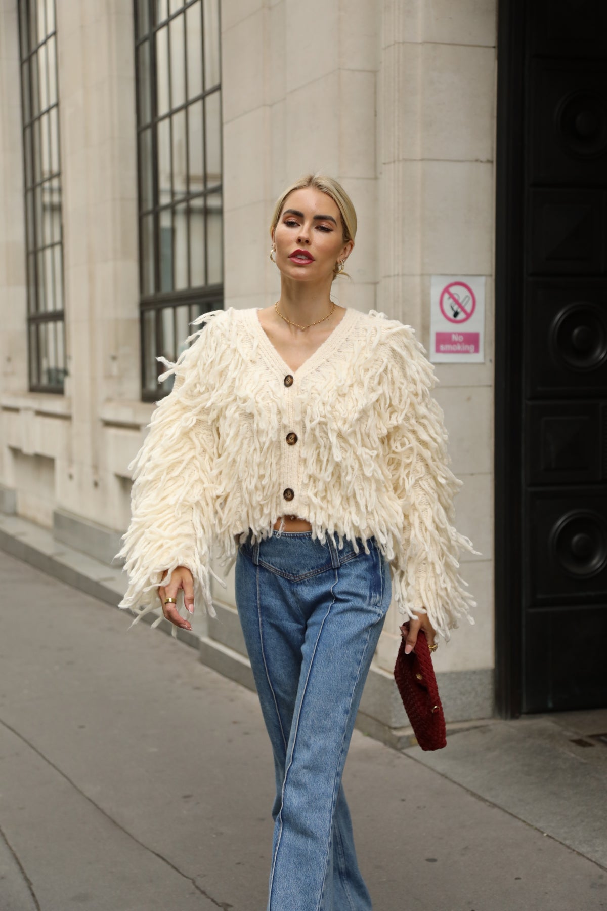 Statement Shaggy Fringe Hand-Knit Cardigan in Cream