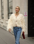 Statement Shaggy Fringe Hand-Knit Cardigan in Cream