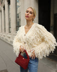 Statement Shaggy Fringe Hand-Knit Cardigan in Cream