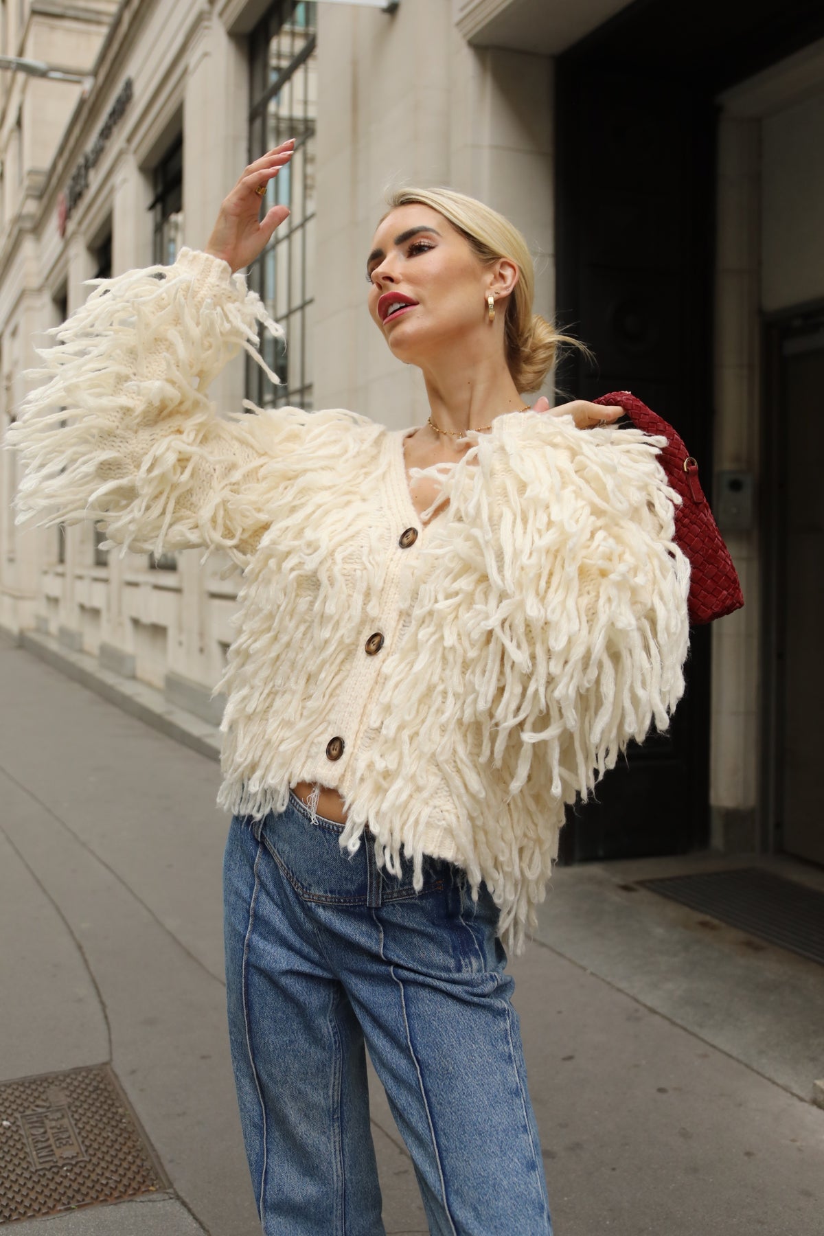 Statement Shaggy Fringe Hand-Knit Cardigan in Cream
