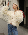 Statement Shaggy Fringe Hand-Knit Cardigan in Cream