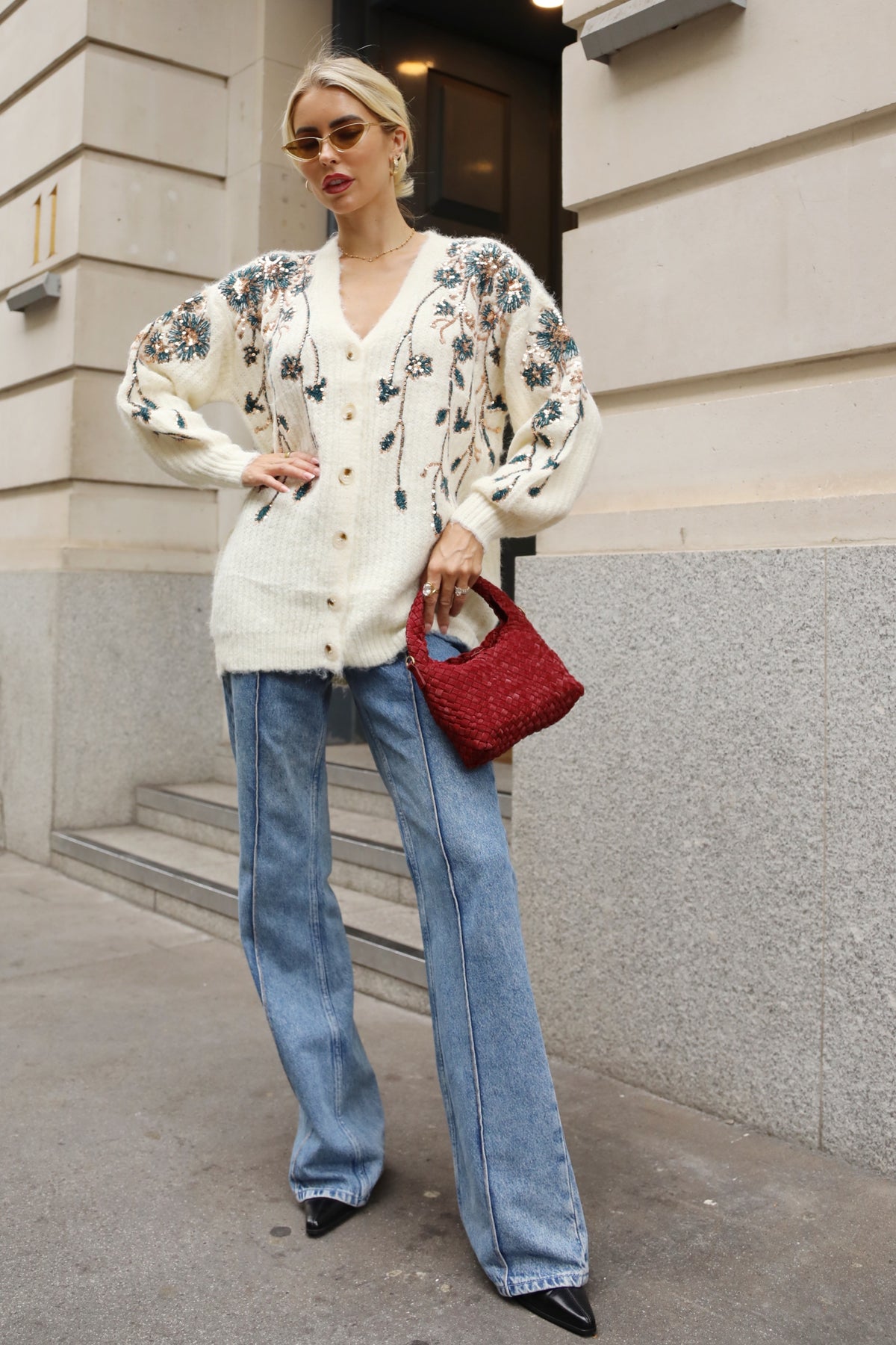 Sequin Floral Embellished Oversized Knit Cardigan in Cream