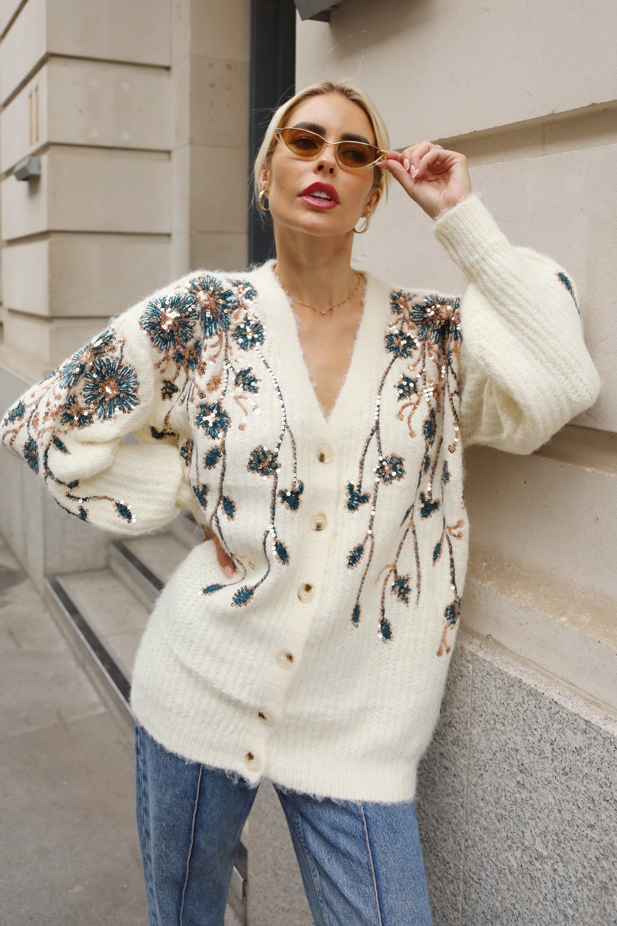 Sequin Floral Embellished Oversized Knit Cardigan in Cream