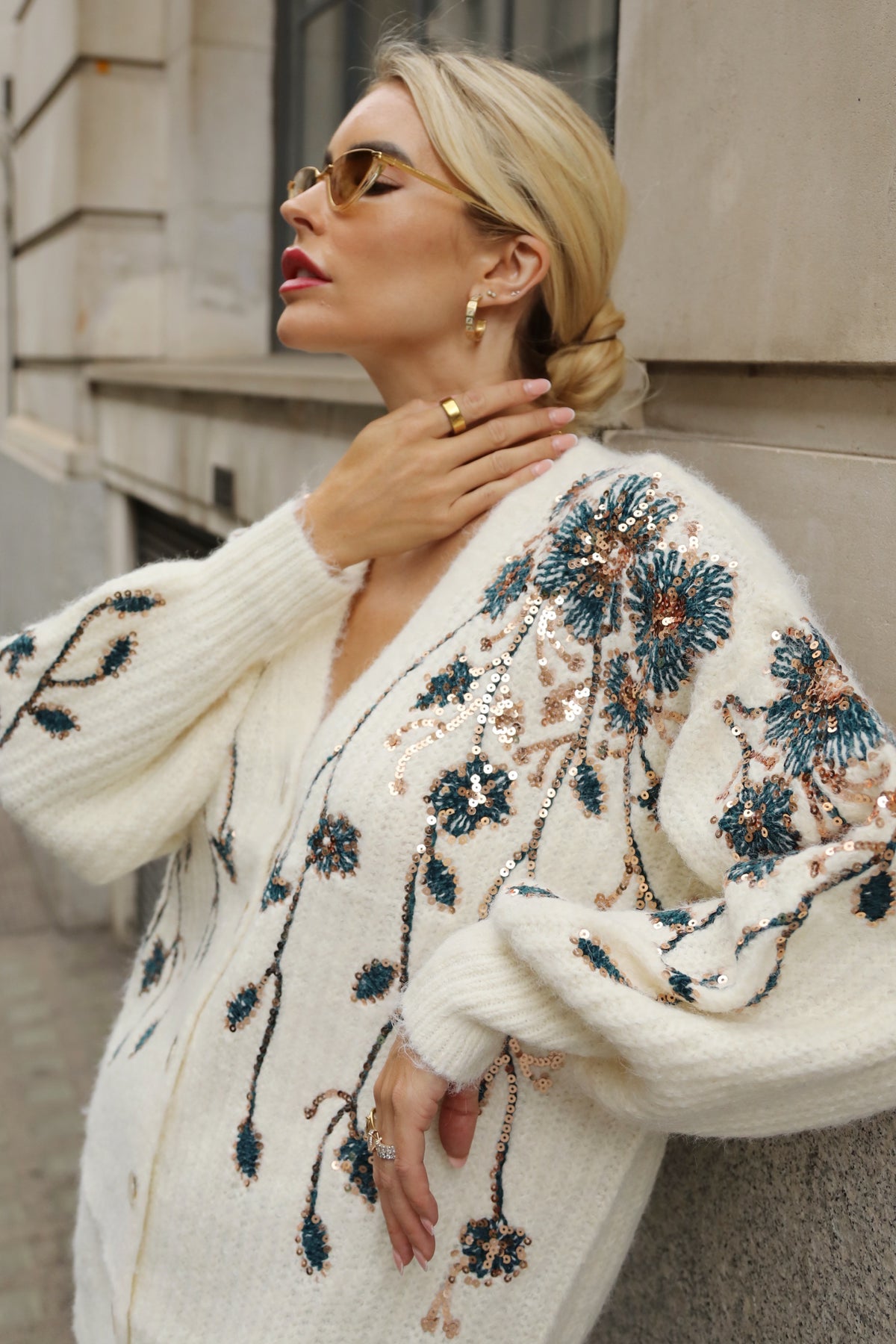 Sequin Floral Embellished Oversized Knit Cardigan in Cream