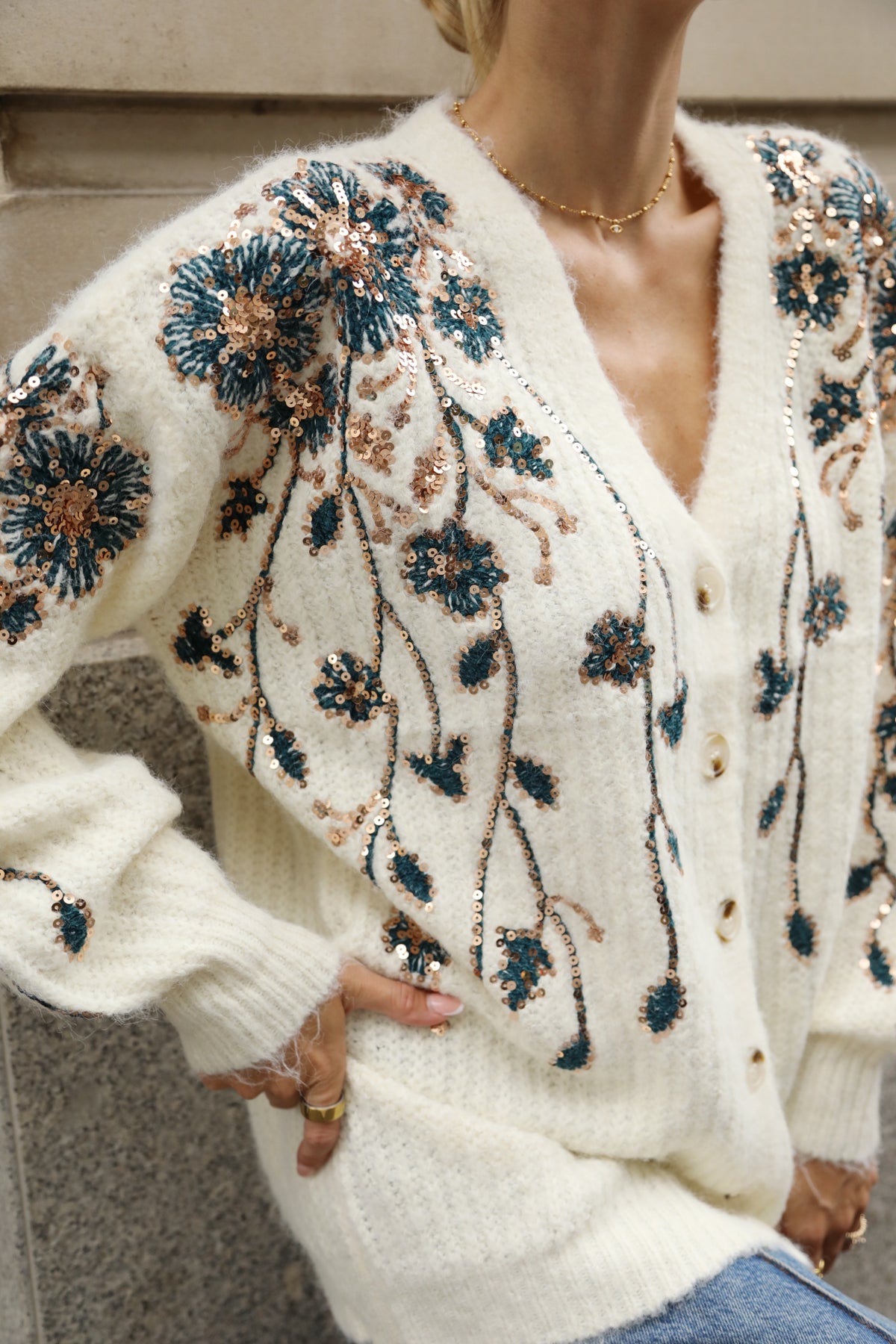 Sequin Floral Embellished Oversized Knit Cardigan in Cream