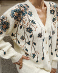 Sequin Floral Embellished Oversized Knit Cardigan in Cream