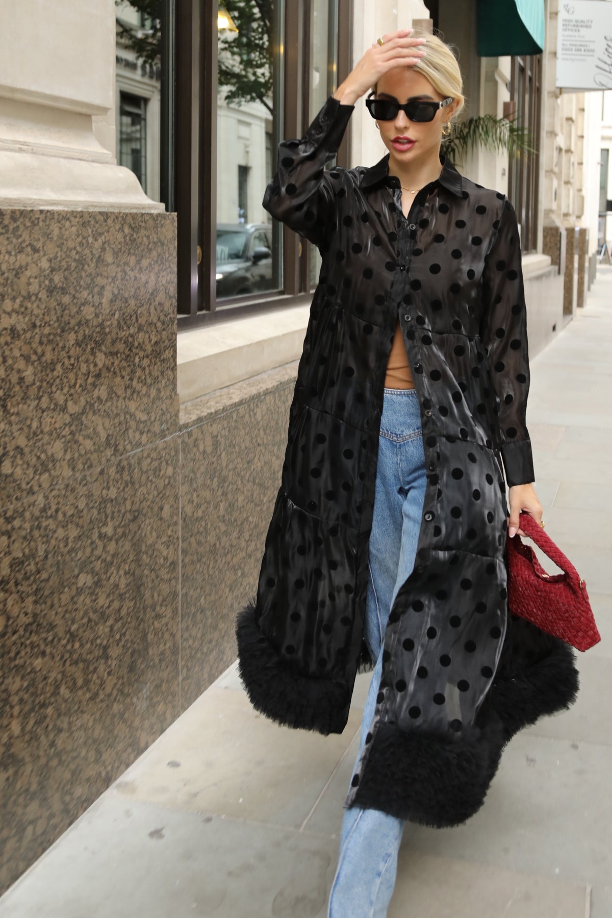 Polka Dot Sheer Tiered Button Down Maxi Shirt Dress