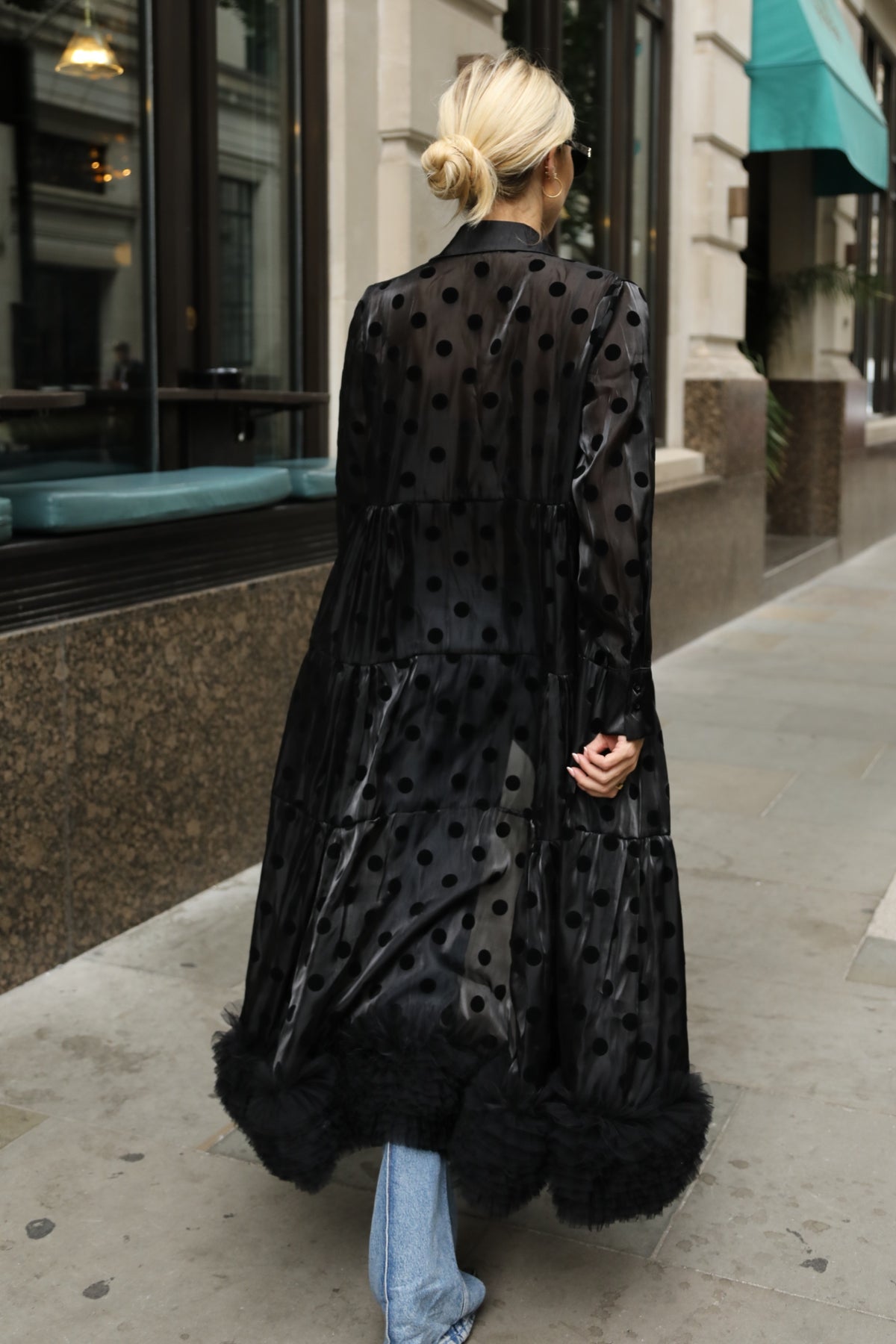 Polka Dot Sheer Tiered Button Down Maxi Shirt Dress