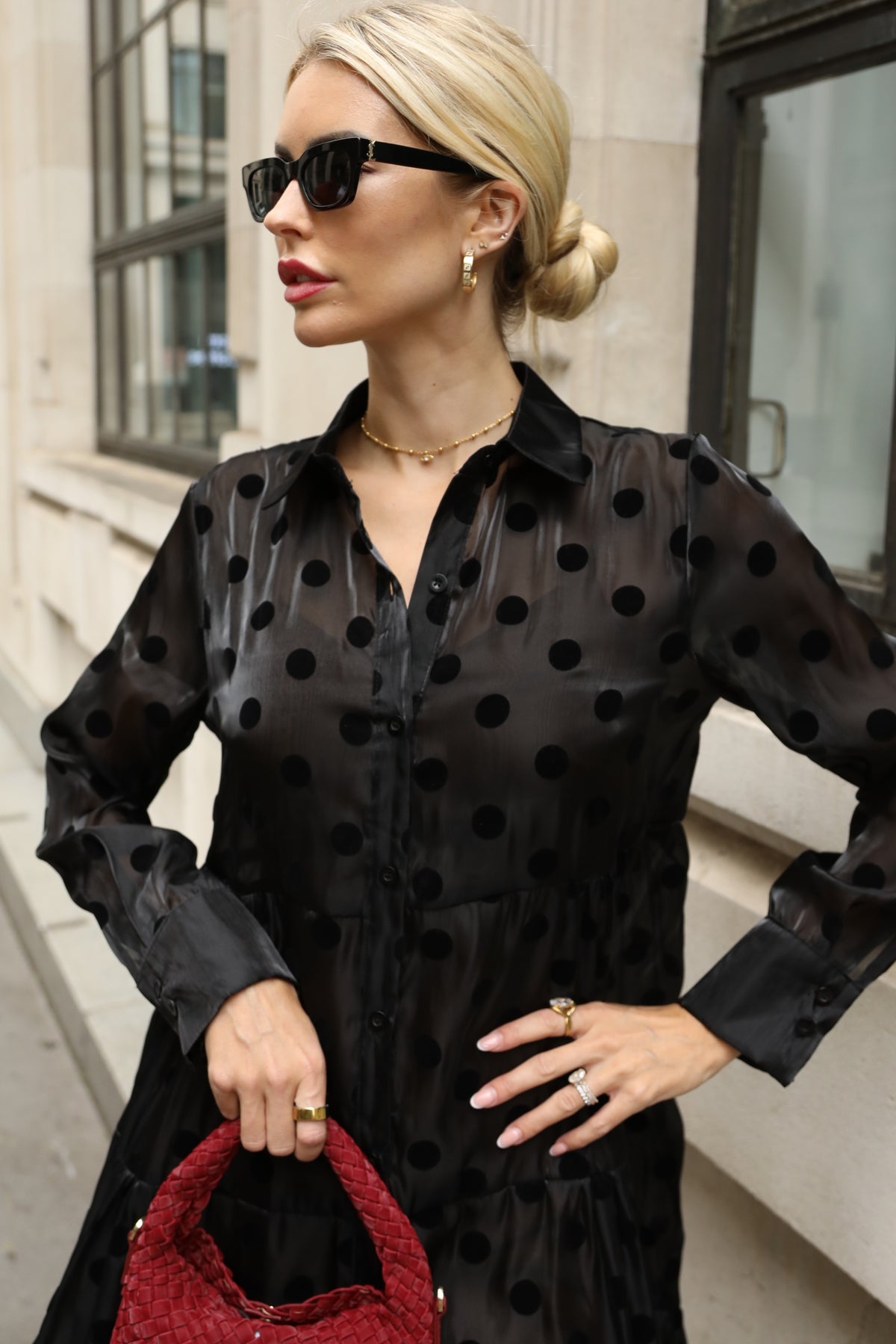 Polka Dot Sheer Tiered Button Down Maxi Shirt Dress