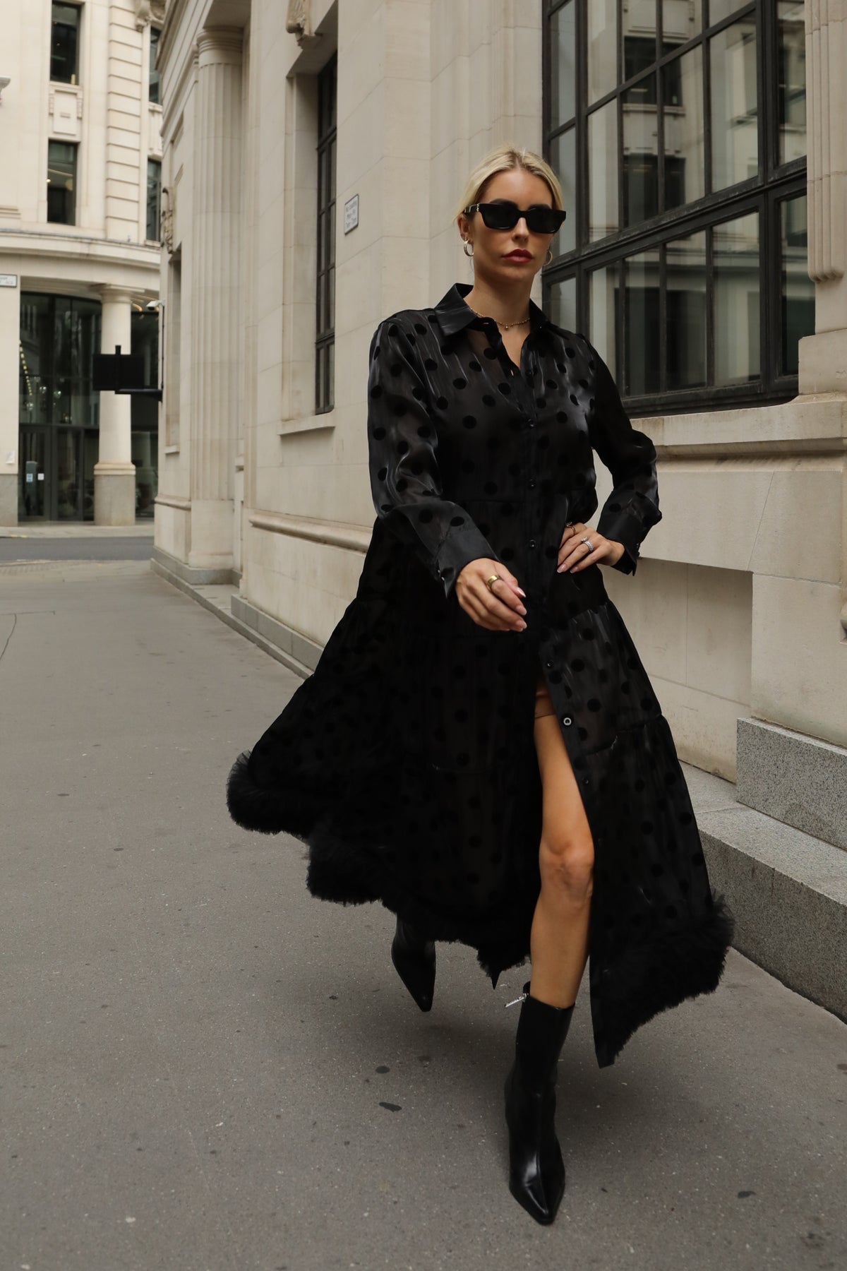Polka Dot Sheer Tiered Button Down Maxi Shirt Dress