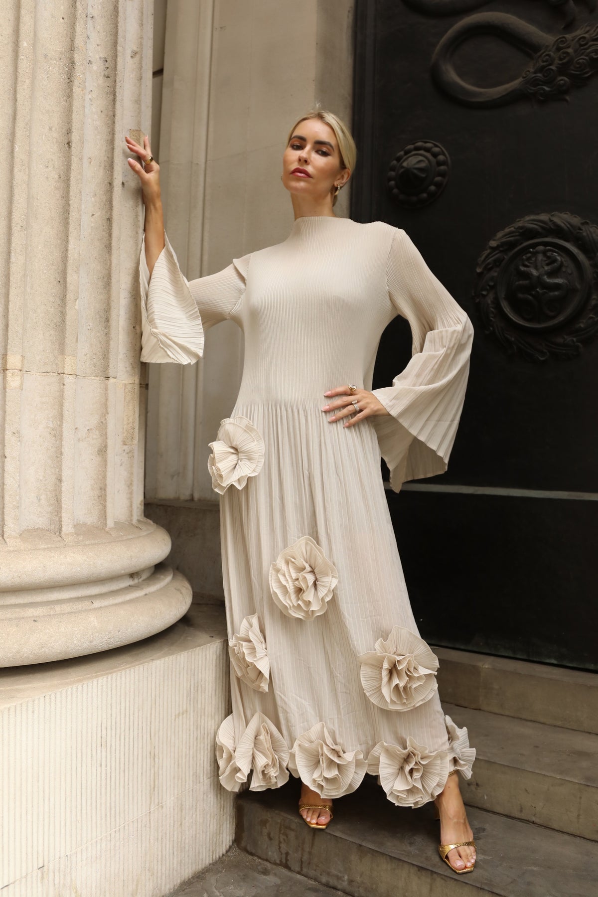 3D Floral Appliqué Pleated Maxi Dress with Statement Flare Sleeves