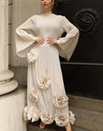 3D Floral Appliqué Pleated Maxi Dress with Statement Flare Sleeves