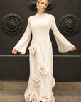 3D Floral Appliqué Pleated Maxi Dress with Statement Flare Sleeves