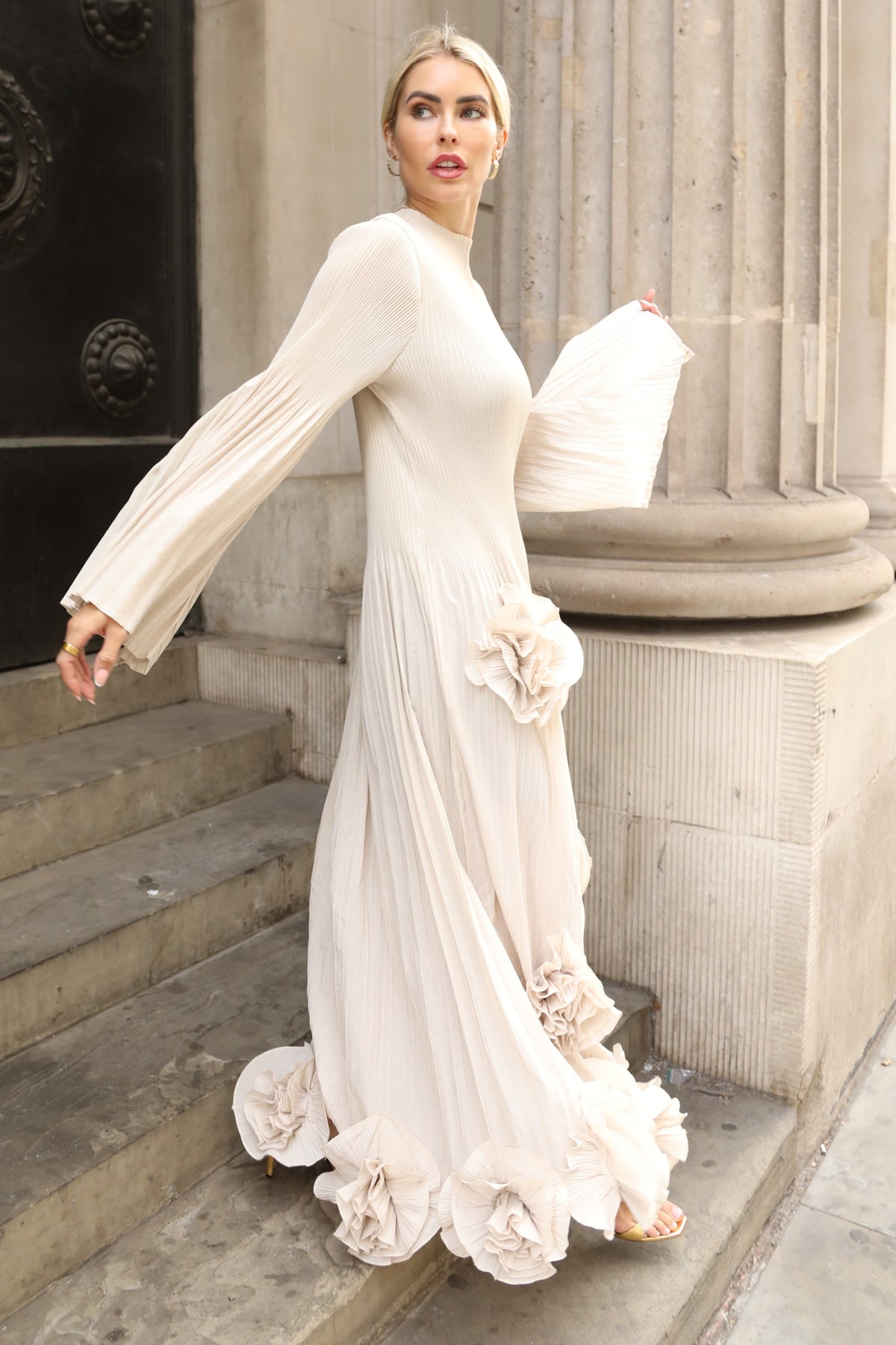 3D Floral Appliqué Pleated Maxi Dress with Statement Flare Sleeves
