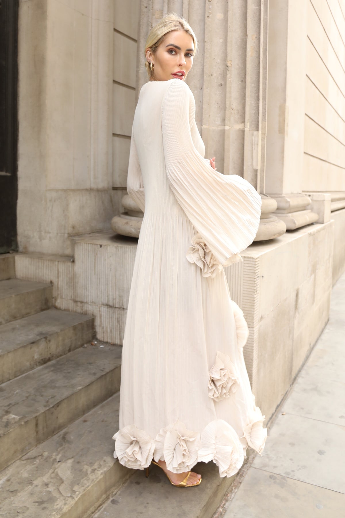 3D Floral Appliqué Pleated Maxi Dress with Statement Flare Sleeves