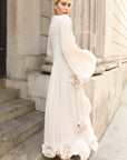 3D Floral Appliqué Pleated Maxi Dress with Statement Flare Sleeves