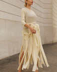 Statement Pleated Fringe Maxi Dress with Tie Waist in Cream