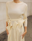 Statement Pleated Fringe Maxi Dress with Tie Waist in Cream