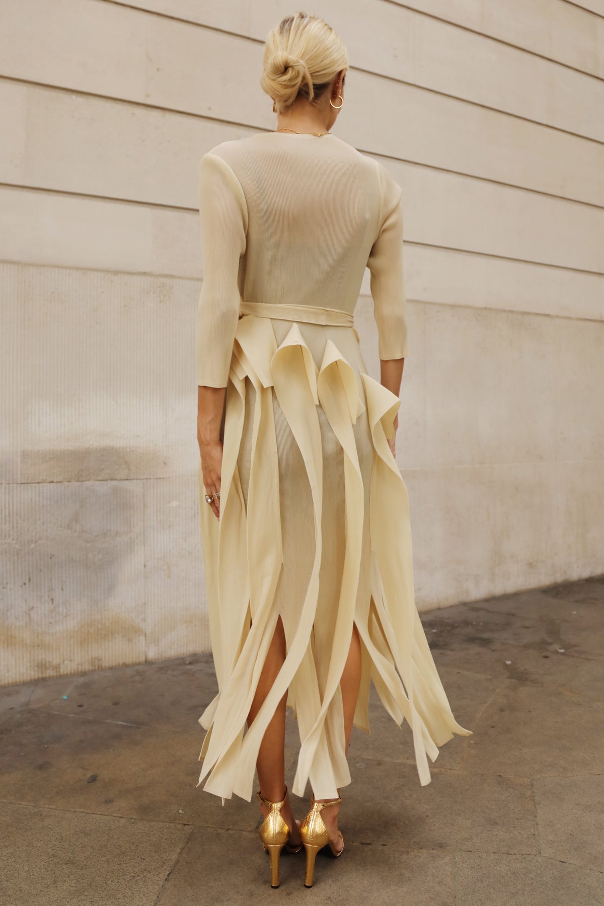 Statement Pleated Fringe Maxi Dress with Tie Waist in Cream