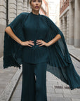 Pleated Cape Top, Vest & Wide Leg Trouser Set In Green