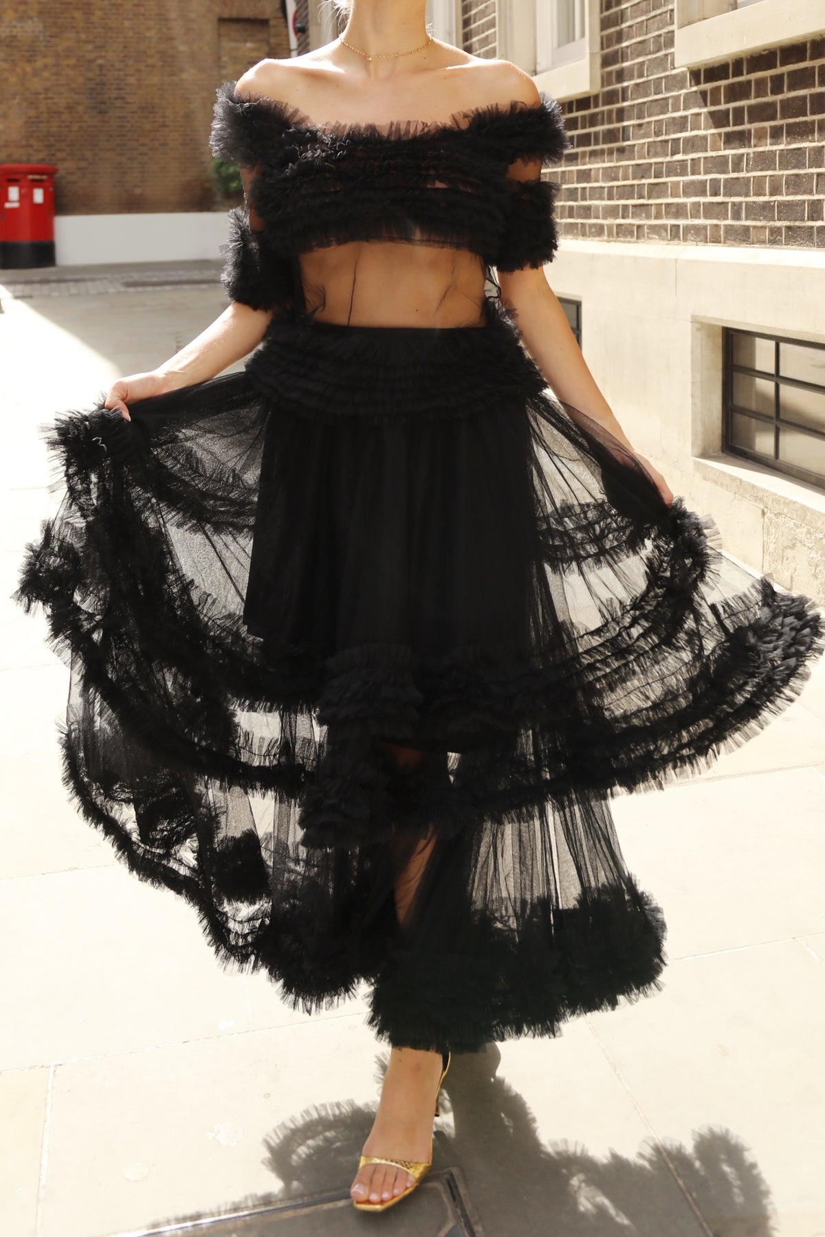 Statement Ruffle Tulle Tiered Maxi Skirt in Black