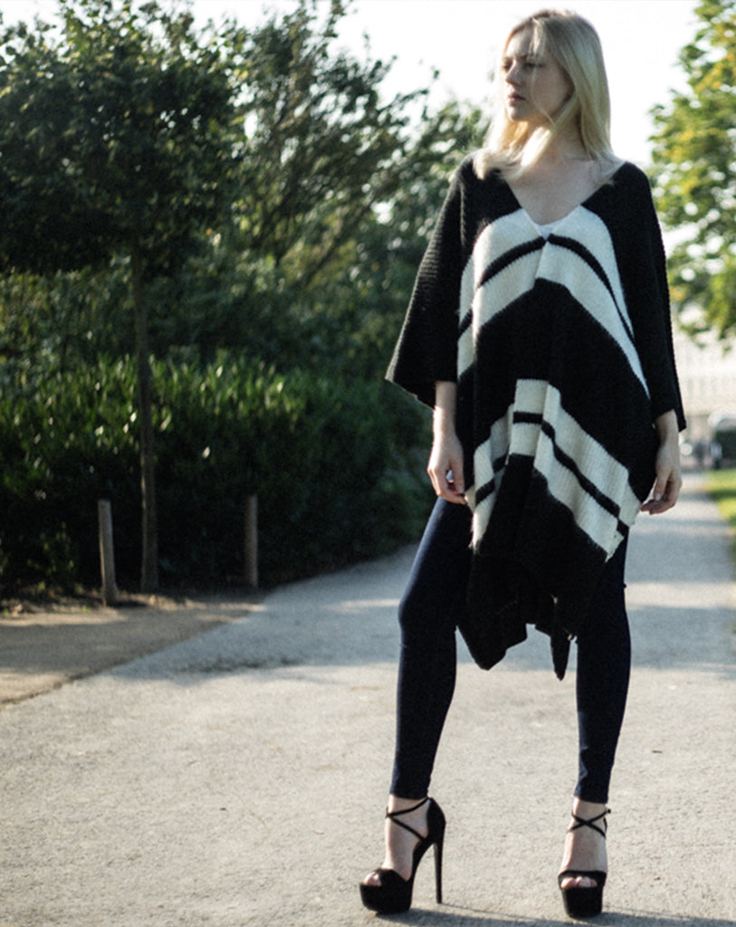 Knitted Poncho Cape in Black and White Stripe