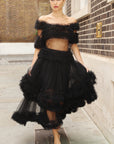 Statement Ruffle Tulle Tiered Maxi Skirt in Black
