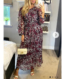 Red leopard print Pleated Long Sleeves Maxi Dress