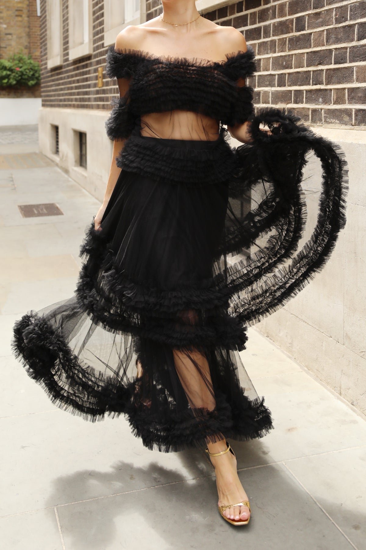 Statement Ruffle Tulle Tiered Maxi Skirt in Black