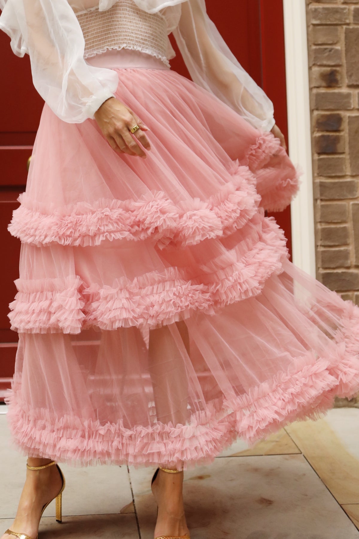 Statement Ruffle Tulle Tiered Maxi Skirt in Pink