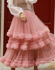Statement Ruffle Tulle Tiered Maxi Skirt in Pink