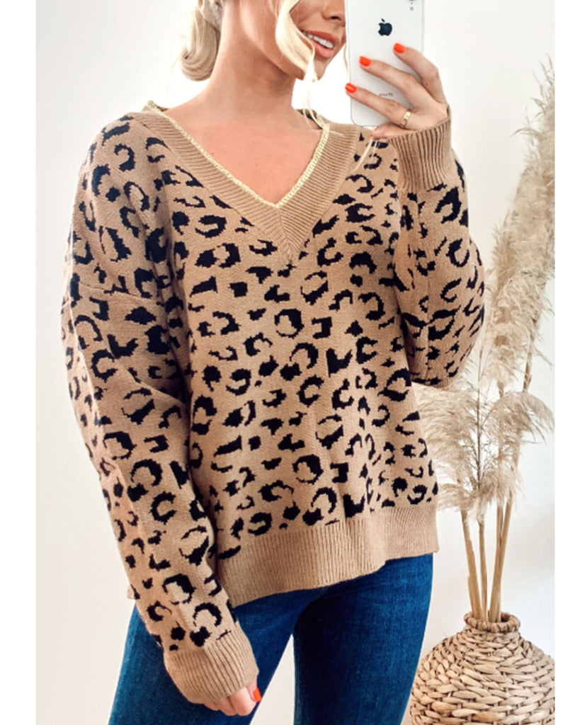 Leopard Print Oversized V-Neck Sweater