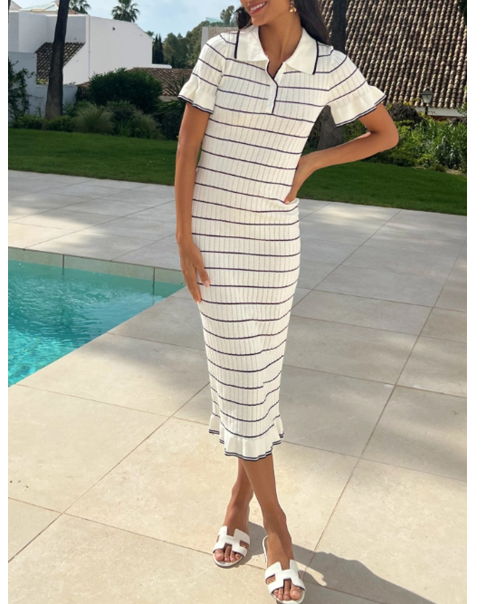 Knitted maxi dress with polo neck in Short Sleeves White colour  CYLONDON