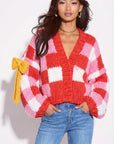 Red White Checked Print Pattern with Big Bow design HandKnit Cardigan