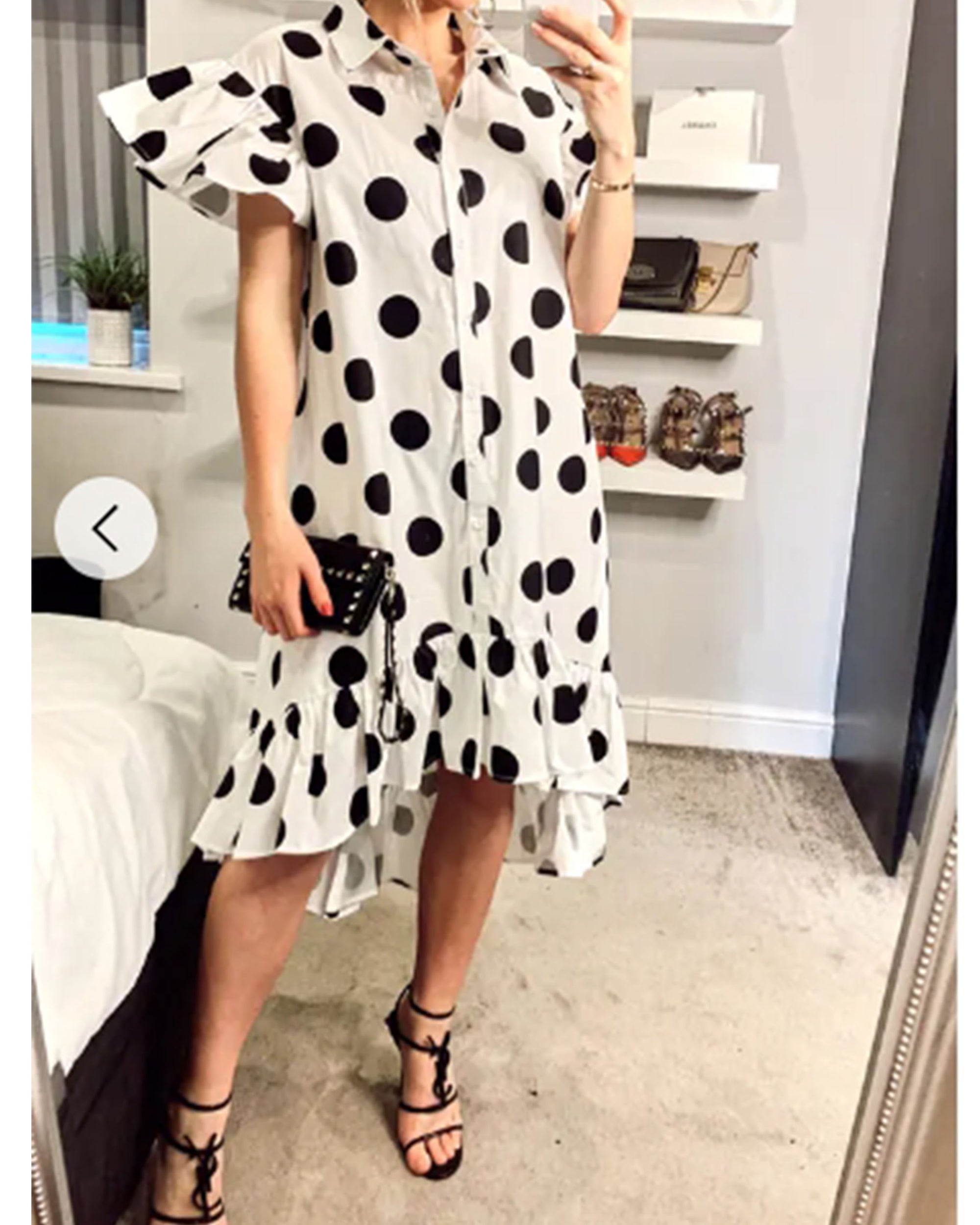 Polka Dot print dip hem dress with frill sleeves design in black white color