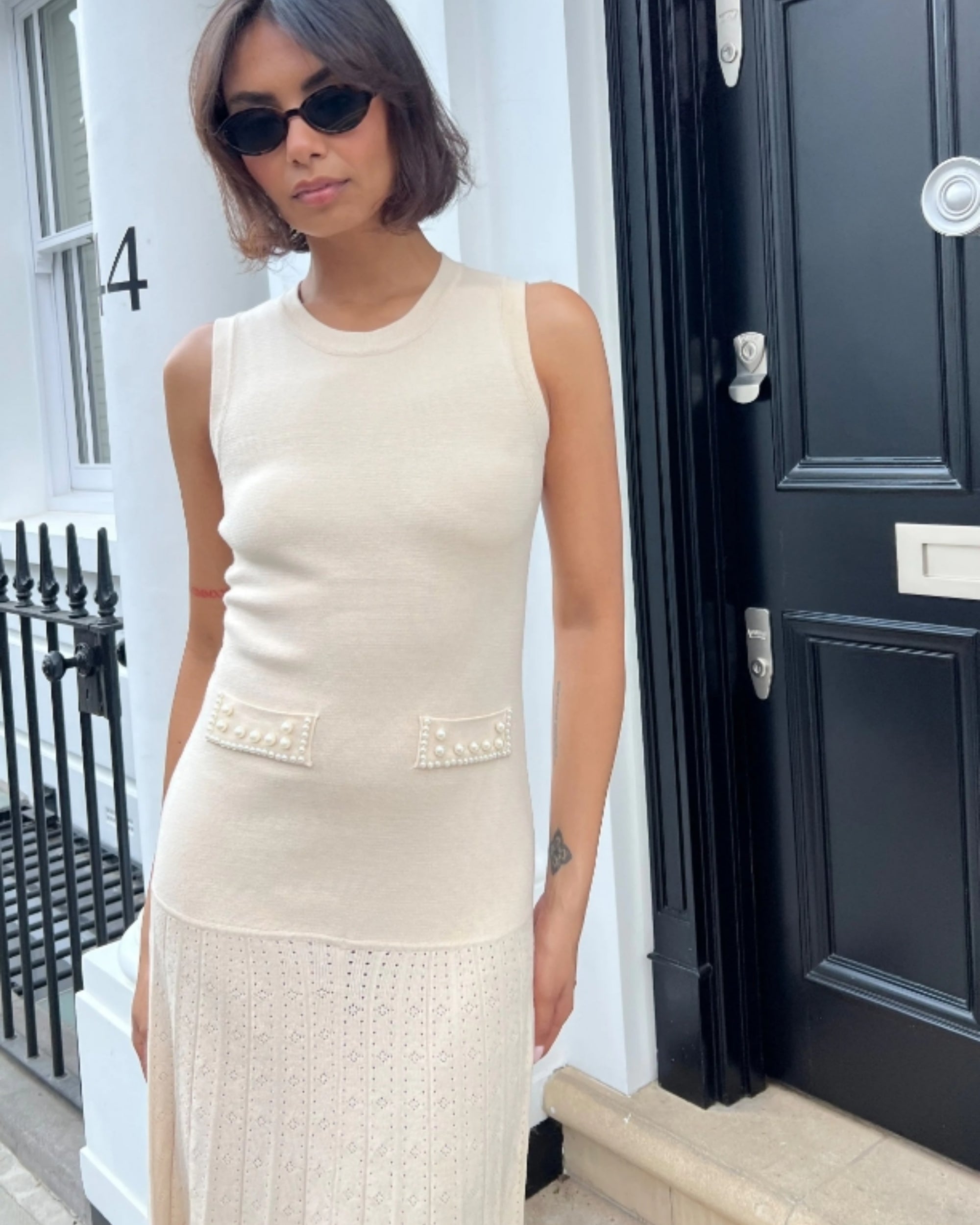 Pearl Bead Pointelle knit bodycon midi dress in Beige CYLONDON Pearl Bead Pointelle knit bodycon midi dress in Beige CYLONDON