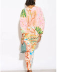 Leaves and Floral Scarf Pirnt Pleated Dress in Kimono sleeves in pink