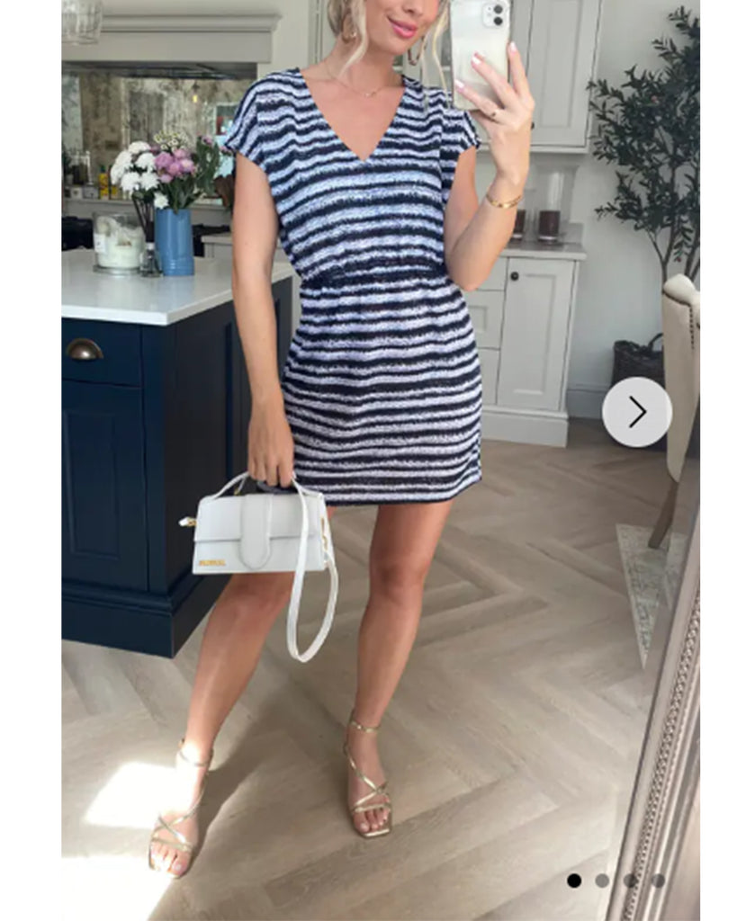 Short Sleeve V Neck Mini Dress In Black Stripe