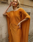 Pleated Wide-Leg Trousers with Adjustable Draped Top Set in Yellow