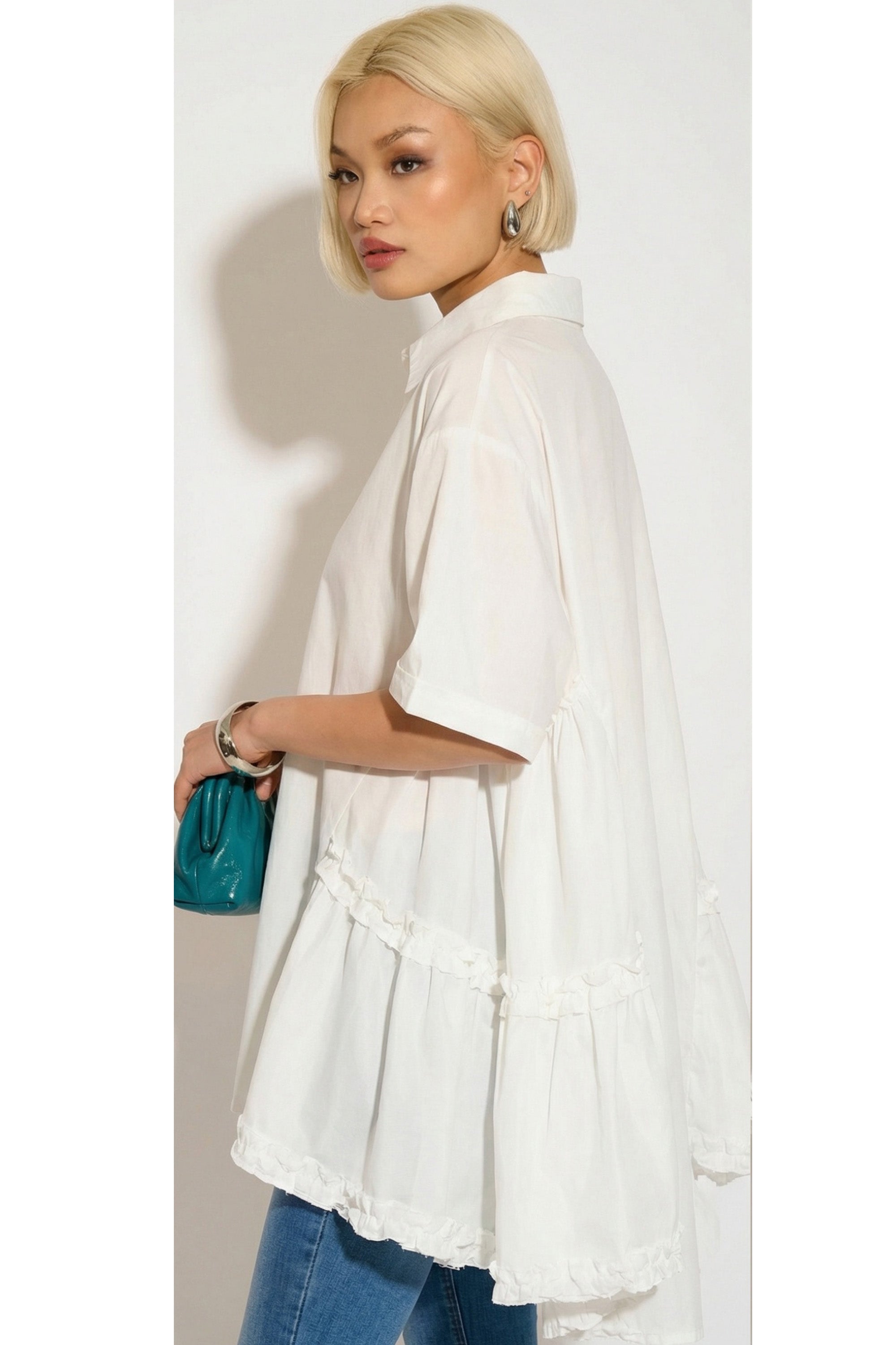 Oversized Short Sleeve Shirt with Frill Detail on Sides in White